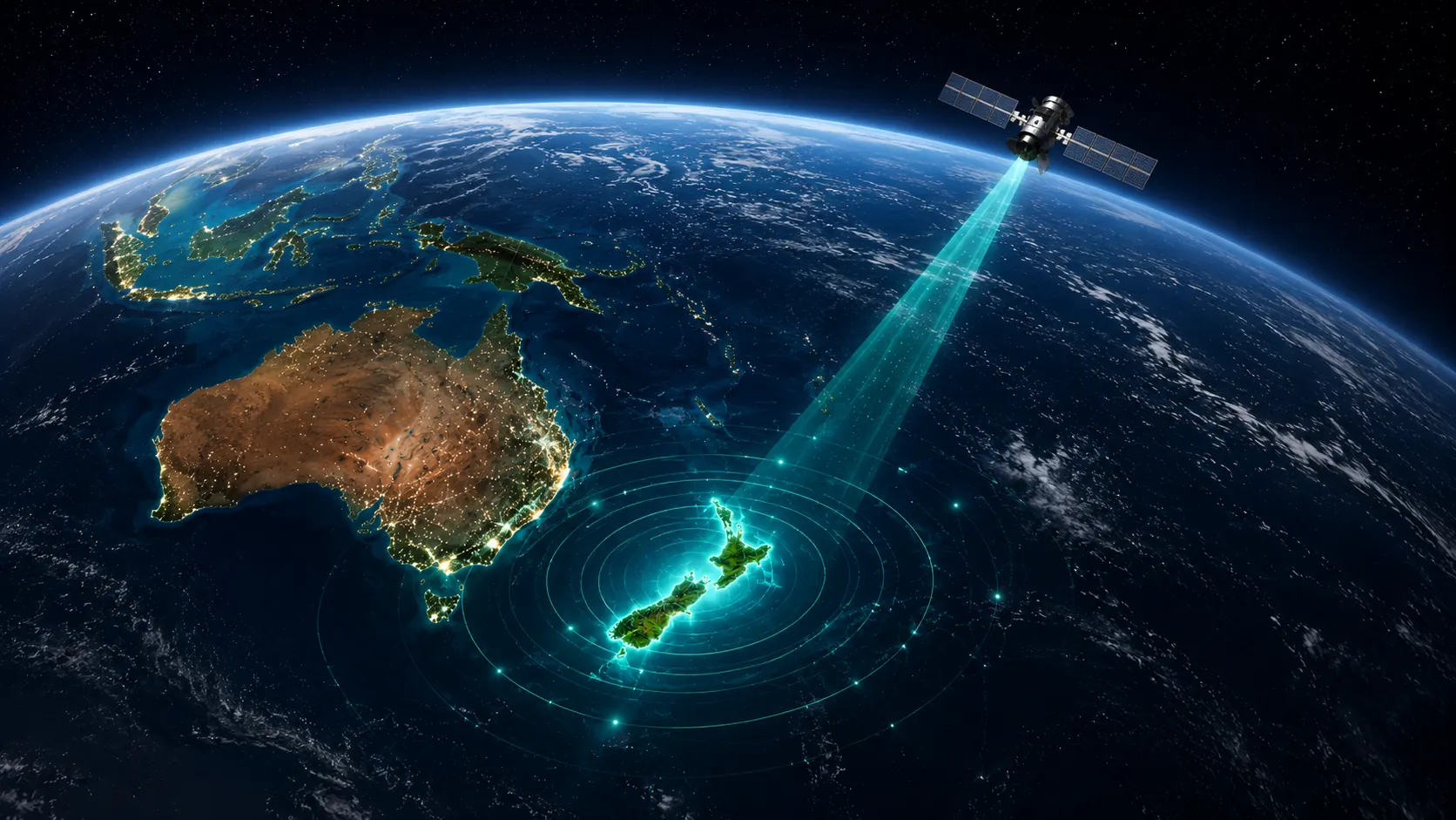 New Zealand monitored from orbit - satellite beam and network rings